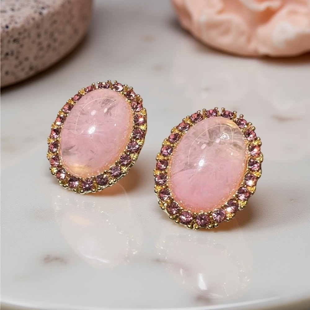 Large Pink Resin Cabochon Pink Rhinestone Halo Gold Stud Earrings; NWOT